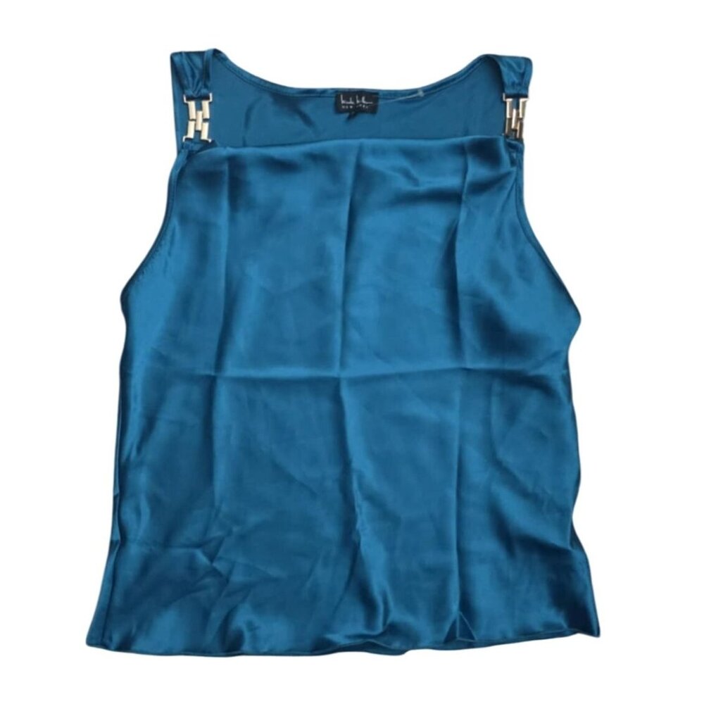 Nicole Miller Peacock Blue Satin Sleeveless Top With Gold Accent Straps Size M